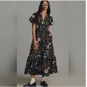 Anthropologie The Somerset Black Floral Maxi Dress 100% Cotton